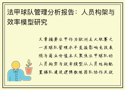 法甲球队管理分析报告：人员构架与效率模型研究